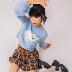 Kawaii cat lantern-sleeved sweater - blue