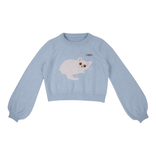 Kawaii cat lantern-sleeved sweater - blue