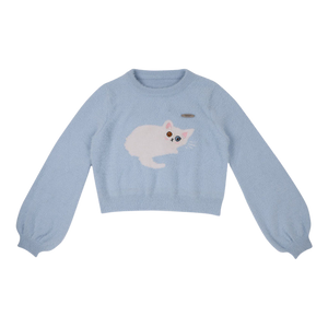 Kawaii cat lantern-sleeved sweater - blue