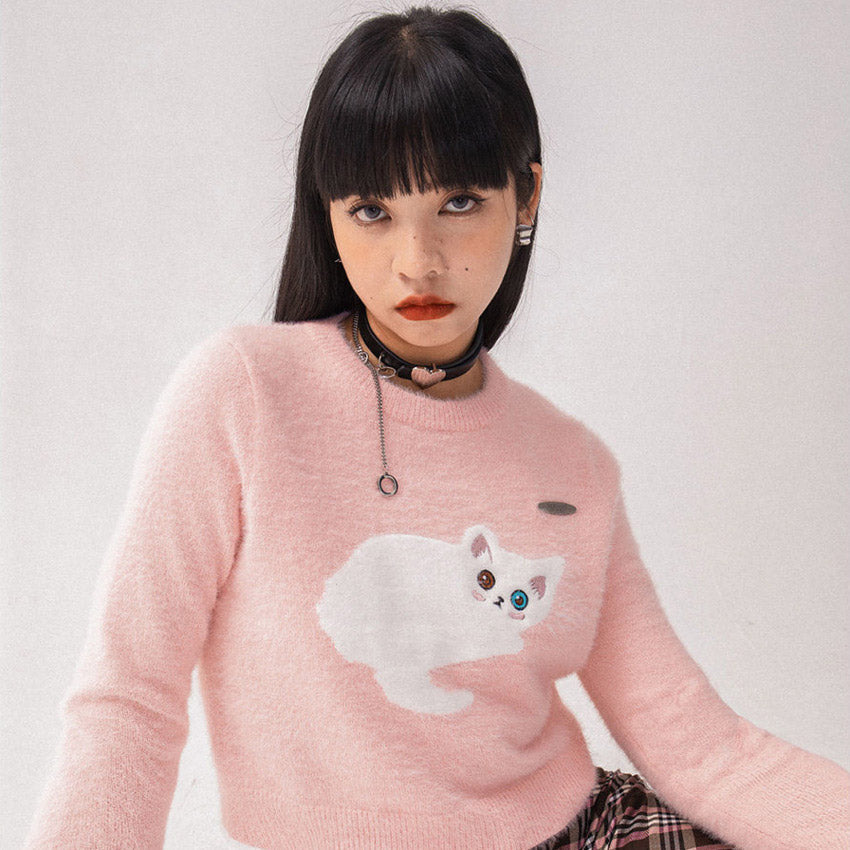 Kawaii cat lantern-sleeved sweater - pink