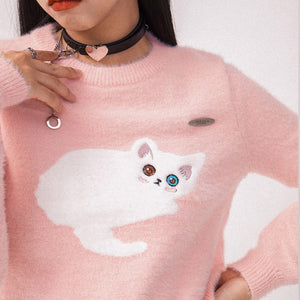 Kawaii cat lantern-sleeved sweater - pink