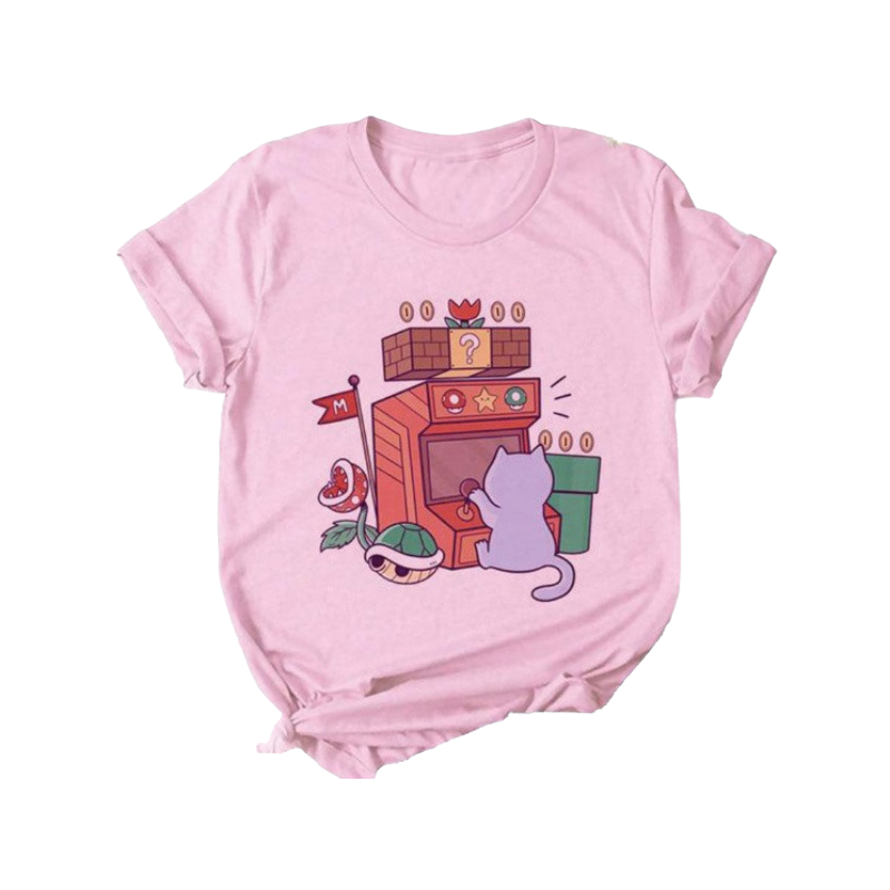 Kawaii cat pink crew neck t-shirt - arcade