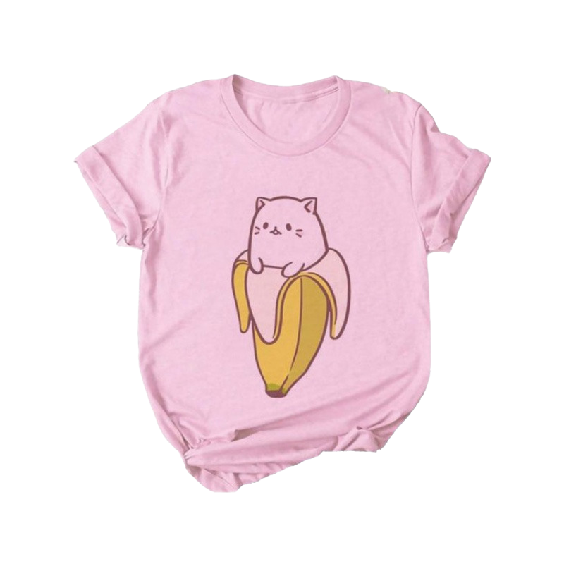 Kawaii cat pink crew neck t-shirt - banana