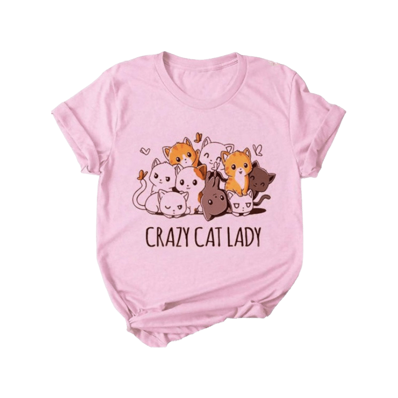 Kawaii cat pink crew neck t-shirt - crazy cat lady