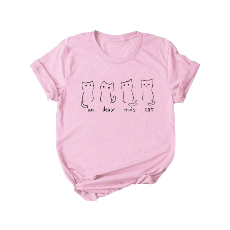 Kawaii cat pink crew neck t-shirt - french