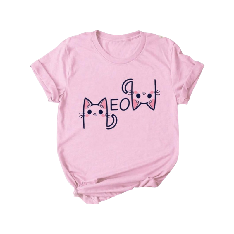 Kawaii cat pink crew neck t-shirt - meow