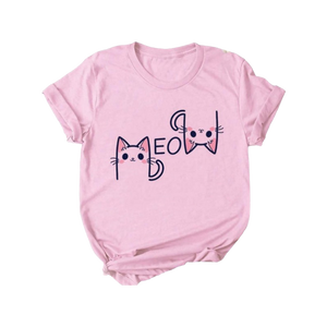 Kawaii cat pink crew neck t-shirt - meow