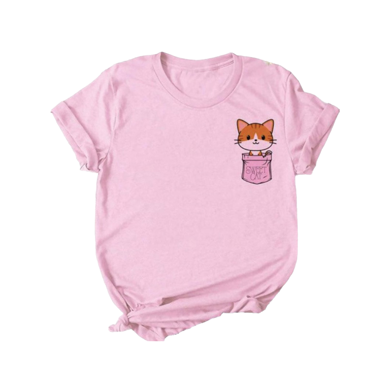 Kawaii cat pink crew neck t-shirt - pocket 1