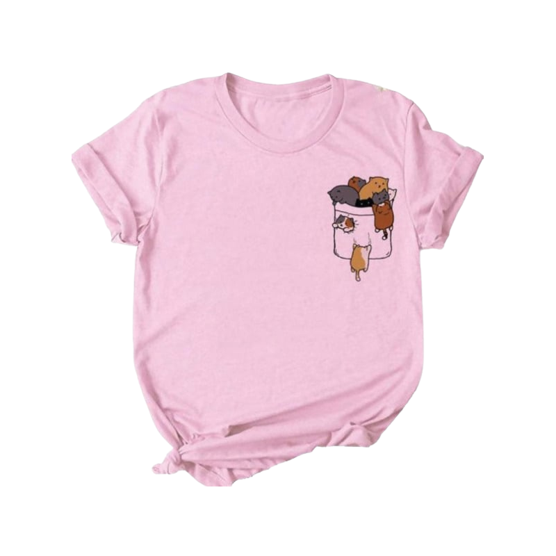 Kawaii cat pink crew neck t-shirt - pocket 2