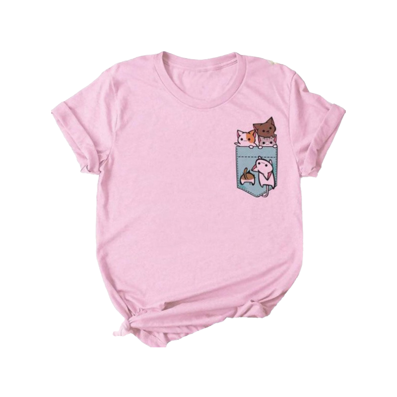 Kawaii cat pink crew neck t-shirt - pocket 3