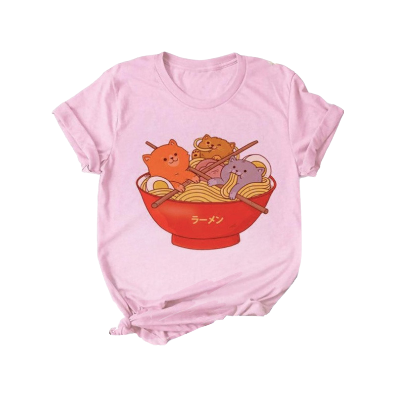 Kawaii cat pink crew neck t-shirt - ramen