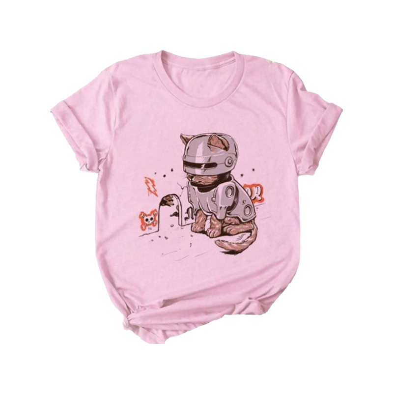 Kawaii cat pink crew neck t-shirt - robocat