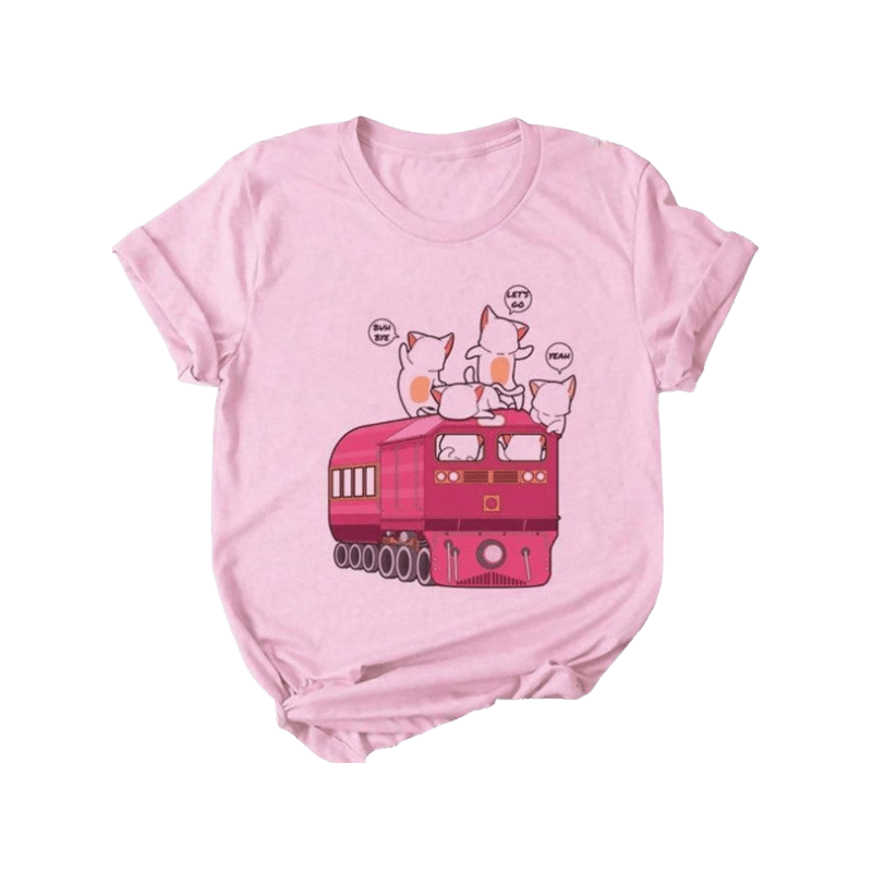 Kawaii cat pink crew neck t-shirt - train