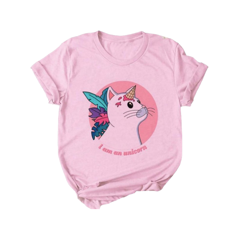 Kawaii cat pink crew neck t-shirt - unicorn