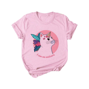 Kawaii cat pink crew neck t-shirt - unicorn