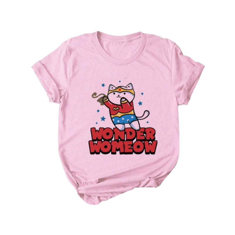 Kawaii cat pink crew neck t-shirt - wonder womeow