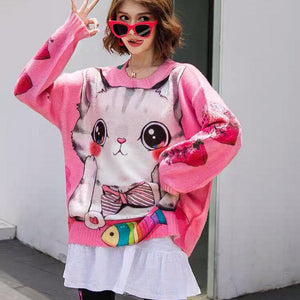 Kawaii cat pink pullover sweater