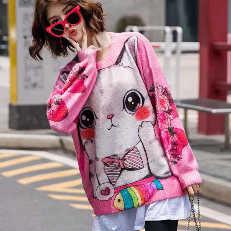 Kawaii cat pink pullover sweater