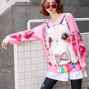 Kawaii cat pink pullover sweater