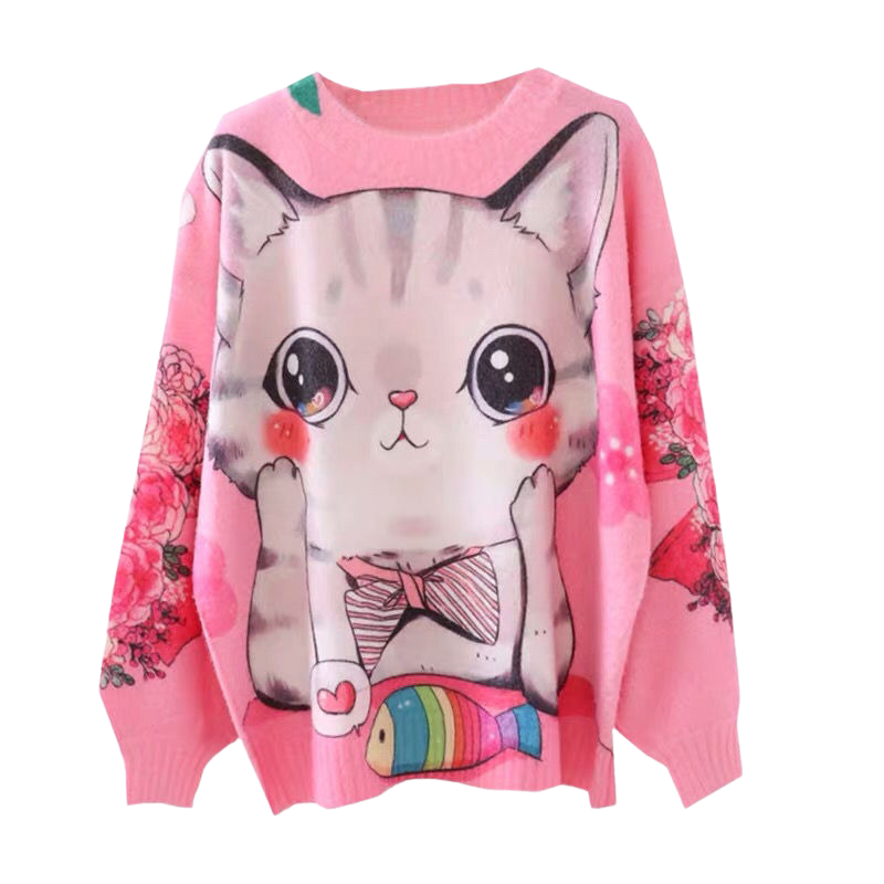 Kawaii cat pink knitted pullover sweater