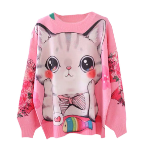 Kawaii cat pink knitted pullover sweater