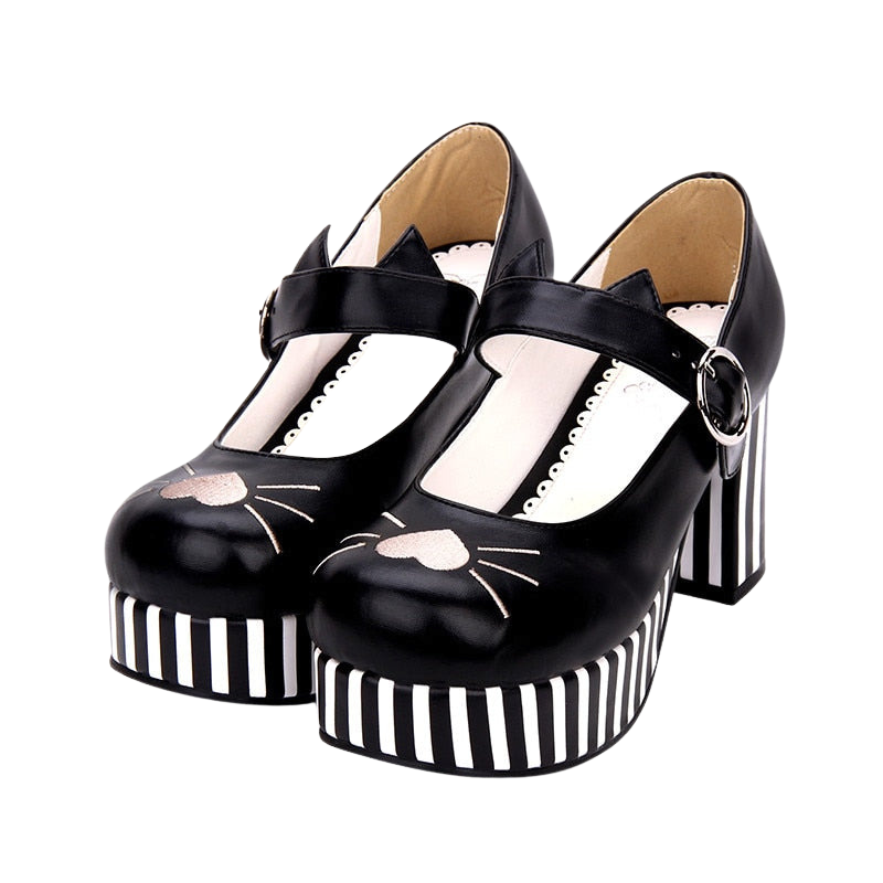 Lolita-inspired chunky heel cat shoes - black