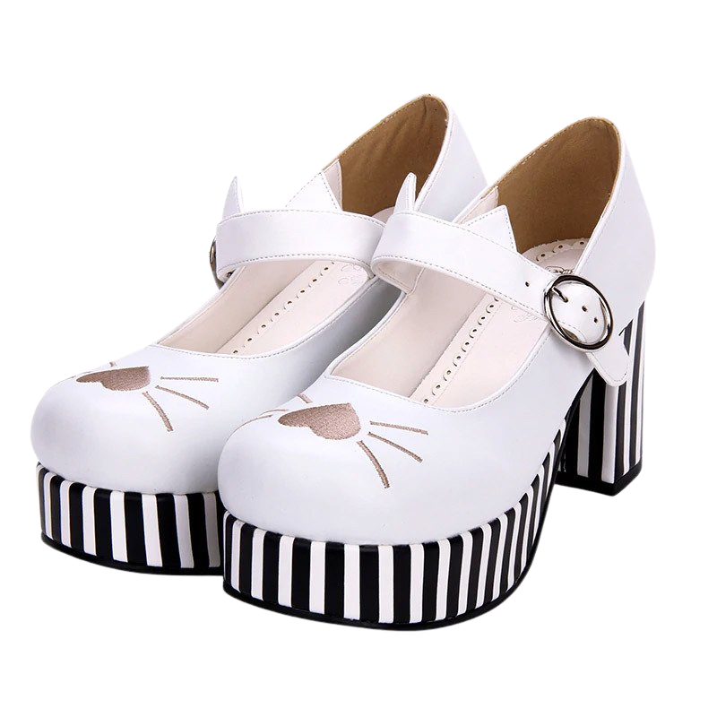 Lolita-inspired chunky heel cat shoes - white