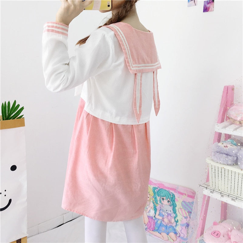 Petite kawaii cat dress in pink and white