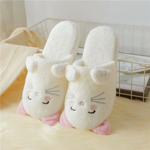 Plush white cat cotton slippers