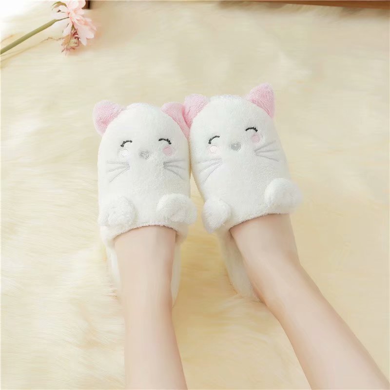 Plush white cat cotton slippers