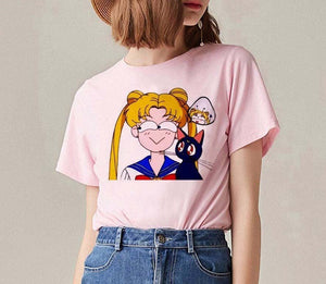 Sailor Moon & Luna pink cotton crew neck t-shirt