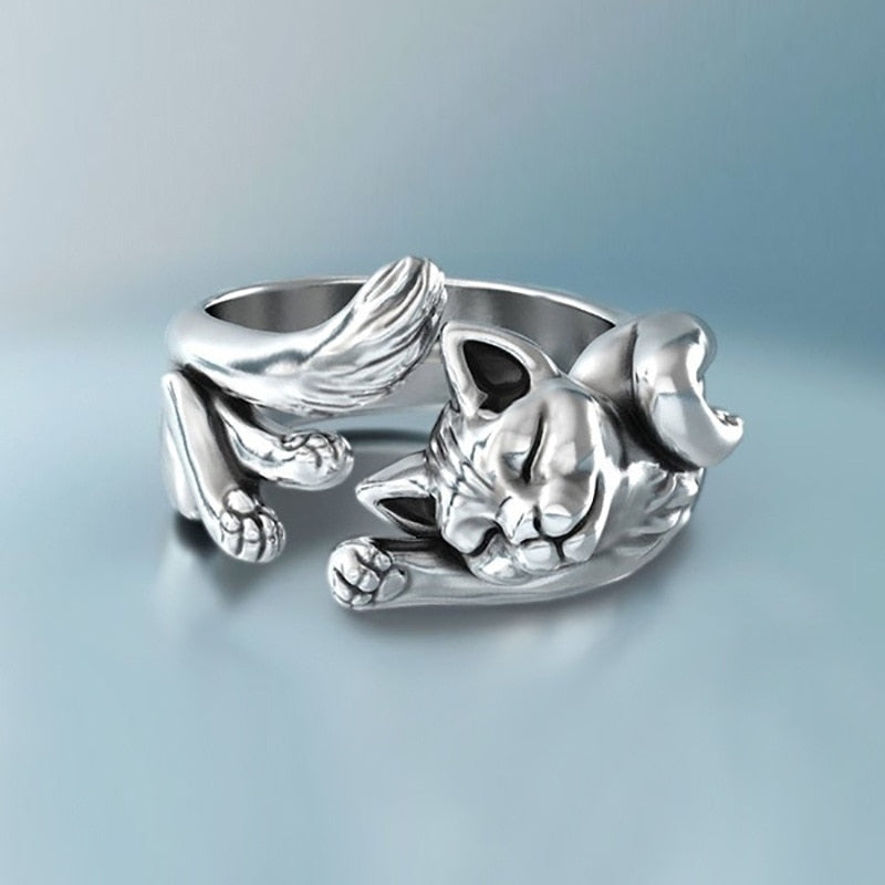 Sleeping kitten silver-plated copper adjustable ring