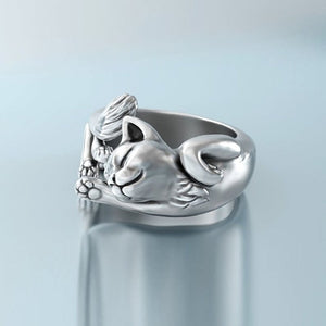 Sleeping kitten silver-plated copper adjustable ring