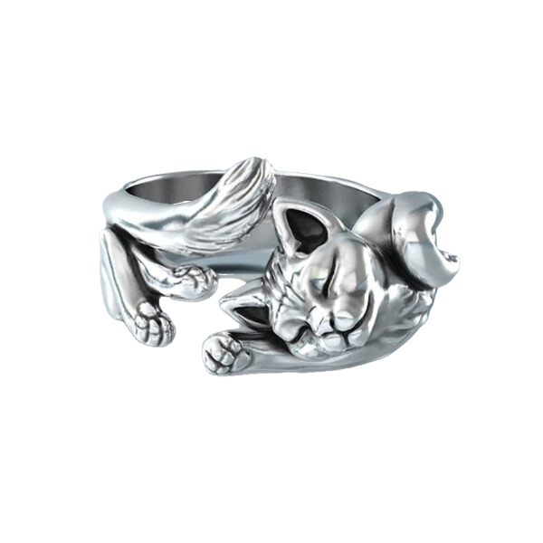 Sleeping kitten silver-plated copper adjustable ring