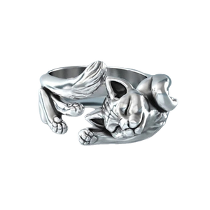 Sleeping kitten silver-plated copper adjustable ring