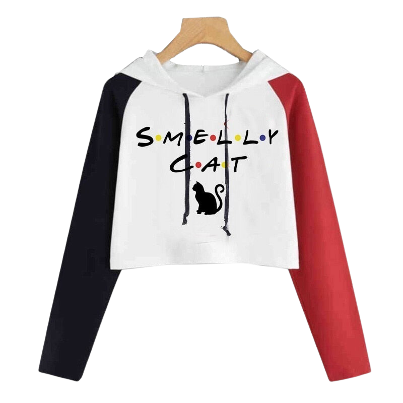 Smelly cat crop top hoodie - black and red