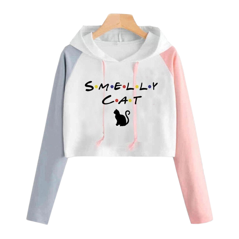 Smelly cat crop top hoodie - grey and pink