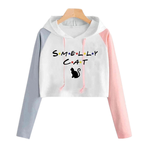 Smelly cat crop top hoodie - grey and pink