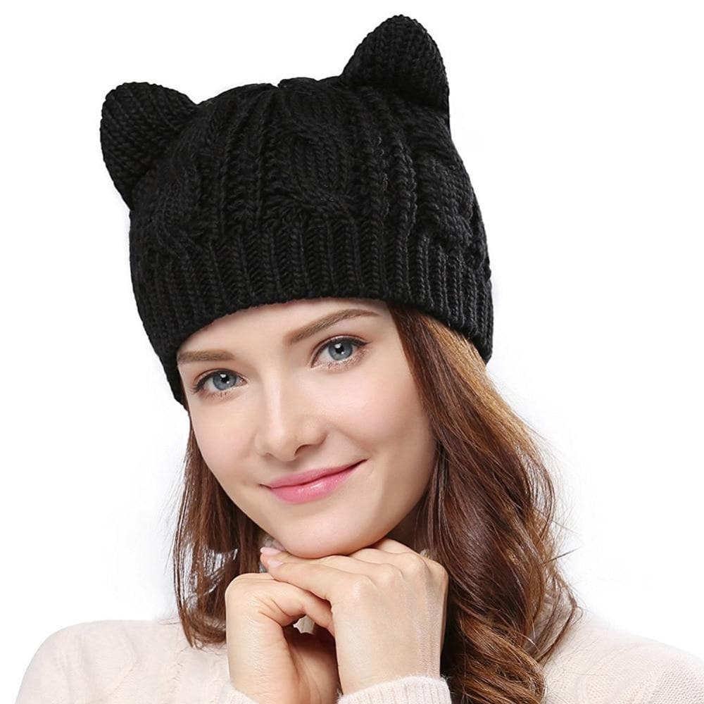 Wool-knit beanie with cat ears - black