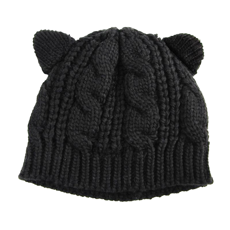 Wool-knit beanie with cat ears - black