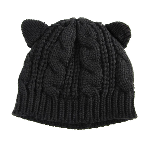 Wool-knit beanie with cat ears - black