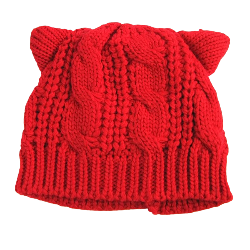 Wool-knit beanie with cat ears - red