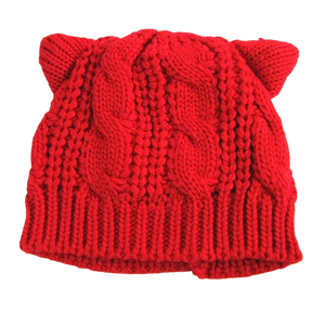 Wool-knit beanie with cat ears - red