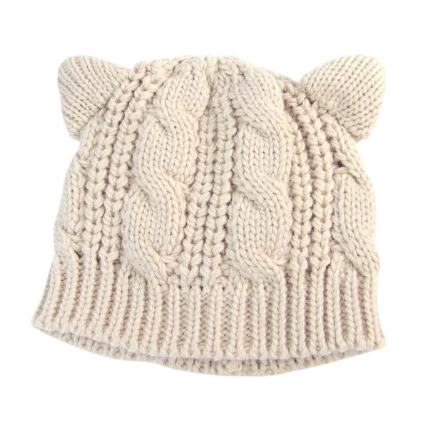 Wool-knit beanie with cat ears - white