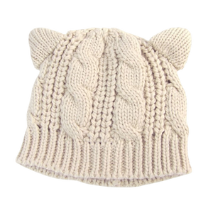 Wool-knit beanie with cat ears - white